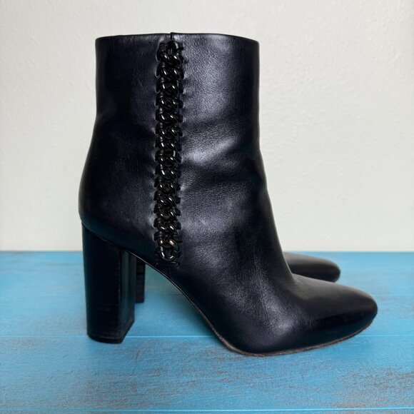 COACH Teagan Leather Ankle Boots in Black with Chain Accent & Side Zipper Sz 6 - Picture 1 of 10
